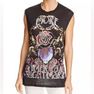 IRO Atimo Muscle Tee Linen Graphic Print Tank Top Crew Neck Tshirt Rose M